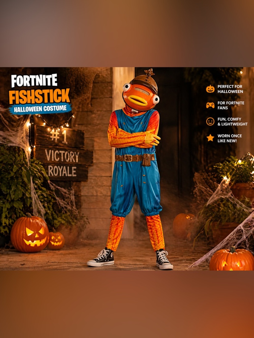 Fortnite Fishstick Costume Youth M Halloween Cosplay Jumpsuit Spirit Worn Once